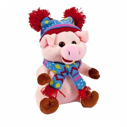Мягкая игрушка - Свинка в голубой шапочке и шарфе с помпонами, 17 см 