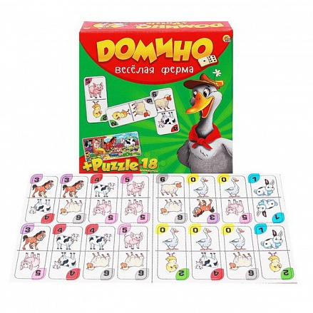 Настольная игра - Домино - Веселая ферма, + пазл из 18 элементов 