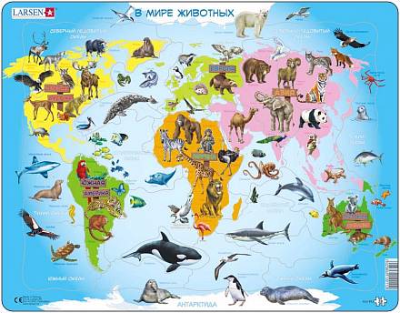 Обучающий пазл - Карта мира с животными, 28 деталей 