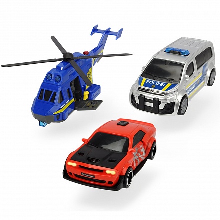 Игровой набор - Полицейская погоня, вертолет, 2 машинки Dodge и Citroen, свет, звук 