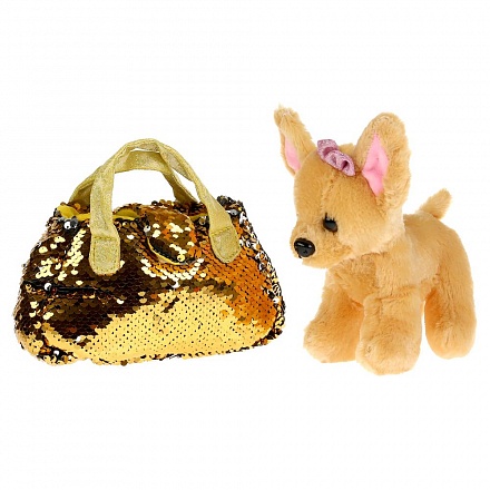 Мягкая игрушка – Собака в сумочке из пайеток, золото, 15 см  