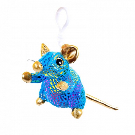 Мягкая игрушка с карабином - Мышка синяя с золотым, 10 см 