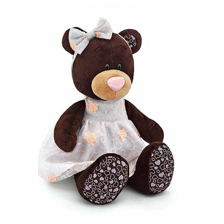 Мягкая игрушка - Медведь девочка Milk сидячая в платье с вышивкой, 25 см 
