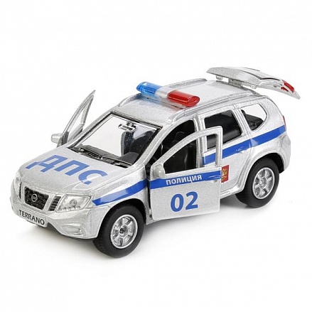 Металлическая инерционная машина – Nissan Terrano Полиция, 12 см, открываются двери и багажник, Технопарк, SB-17-47-NT-WB
