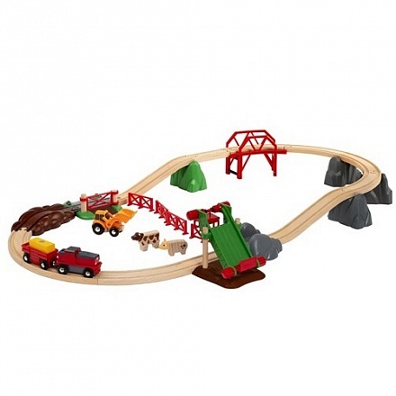 Игровой набор - Сельское поселение с поездом, погрузчиком сена, бульдозером, домашними животными 