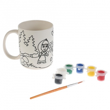 Кружка керамическая для росписи с рисунком Маша и Медведь, с красками и кисточкой 