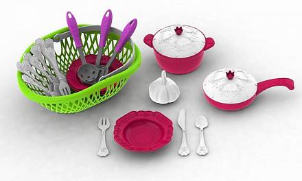 Набор посуды - Кухонный сервиз из серии Волшебная Хозяюшка, 23 предмета в лукошке + чеснок в подарок 