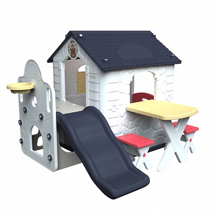 Детский игровой комплекс для дома и улицы: игровой домик, игровой столик, 2 стульчика, баскетбольное кольцо с мячом, детская пластиковая горка, Navy-White 