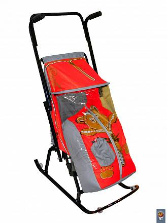 Санки-коляска Снегурочка 4-Р Медвежонок с 4 колесиками, цвет: серый-красный 