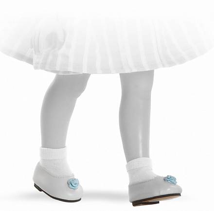 Туфли для кукол размером 32 см., белые с голубым цветком 