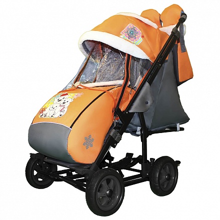 Санки-коляска Snow Galaxy City-3-1 - Три медведя на оранжевом на больших колесах, сумка, варежки 