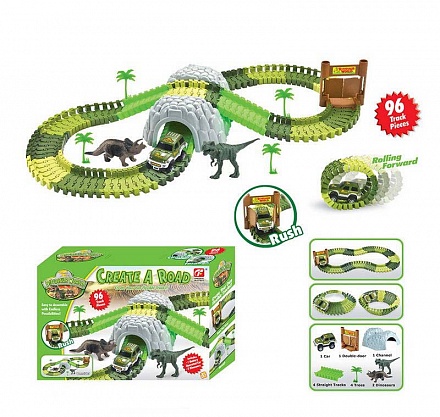Гибкий трек - Мир динозавров, 96 деталей, 1 машинка, 2 фигурки динозавров 