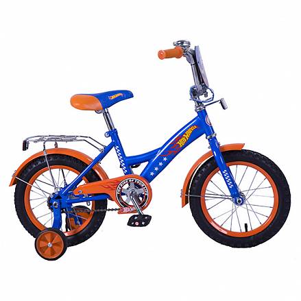 Велосипед детский Hot Wheels, колеса 14", GW-стальная рама, багажник, страховочные колеса, щиток на руле, цвет – сине-оранжевый 