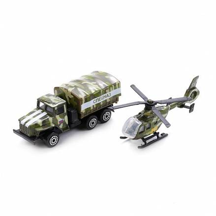 Набор из 2-х металлических моделей - Военная техника – Вертолет и грузовик Спецназ 7,5 см 