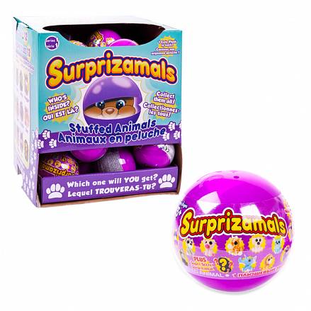 Плюшевые фигурки зверят в капсулах из серии игрушка-сюрприз Surprizamals, 12 видов, диаметр капсулы 6 см. 
