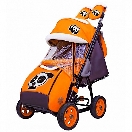 Санки-коляска Snow Galaxy City-1 - Панда на оранжевом, на больших колесах Eva, сумка, варежки 