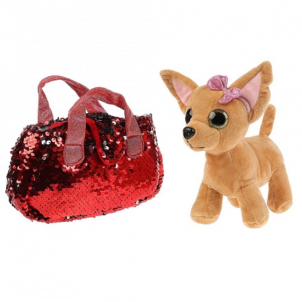 Мягкая игрушка – Собачка, 15 см в красной сумочке из пайеток 