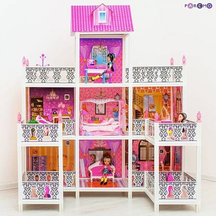 3-этажный кукольный дом, 7 комнат, мебель, 3 куклы 
