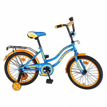 Велосипед детский Mustang с колесами 18", рама KY-тип, багажник, страховочные колеса, звонок, сине/оранжевый 