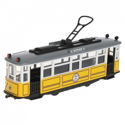Модель Ретро-трамвай 17 см свет-звук двери открываются инерционная металлическая желтый 
