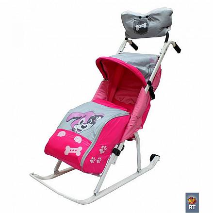 Санки-коляска Комфорт Люкс 11 - Любопытный щенок с колесиками и муфтой, розовый 