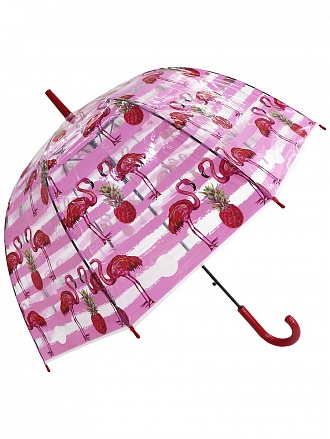 Зонт-трость – Тропический Фламинго, прозрачный купол, розовый 
