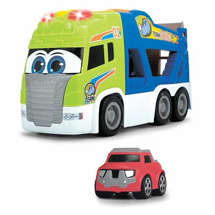 Транспортер + 1 машинка и платформа для выгрузки машинки - Happy Scania, 42 см, свет и звук 