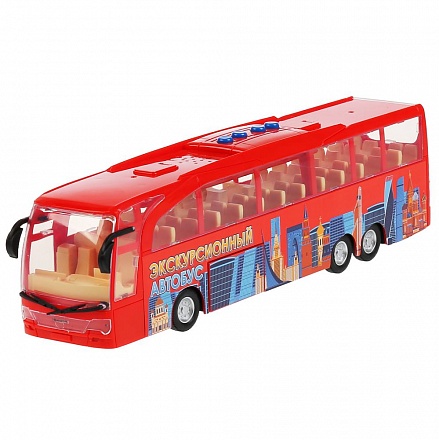 Экскурсионный автобус красный 4 кнопки 30 см со светом и звуком инерционный 