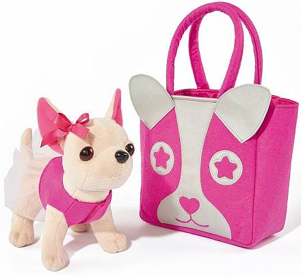 Плюшевая собачка Чихуахуа с розовой сумкой, 20 см. 