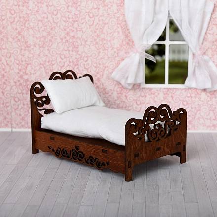 Кровать с подушкой и матрасом для спальни кукольного домика, цвет – коричневый 