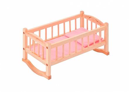 Деревянная кроватка-люлька для кукол, розовый текстиль 