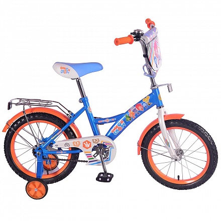 Велосипед детский из серии Фиксики сине-оранжевый с колесами 16', Gw-Тип, багажник, страховочные колеса, звонок 