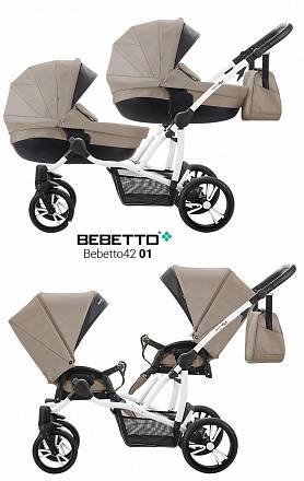 Детская коляска Bebetto42 2017 для двойни 2 в 1, светло-коричневая, шасси белая/Bia 