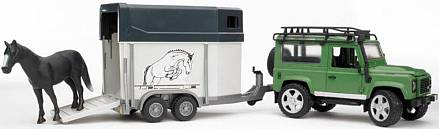 Внедорожник Bruder Land Rover Defender с прицепом-коневозкой и лошадью 