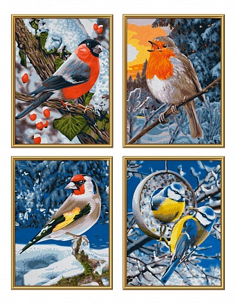 Картина по номерам – Птицы зимой. 4 картины, 18 х 24  