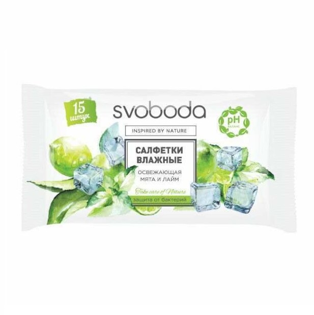 

Салфетки влажные Svoboda Защита от бактерий - Освежающая мята и лайм, 15 шт