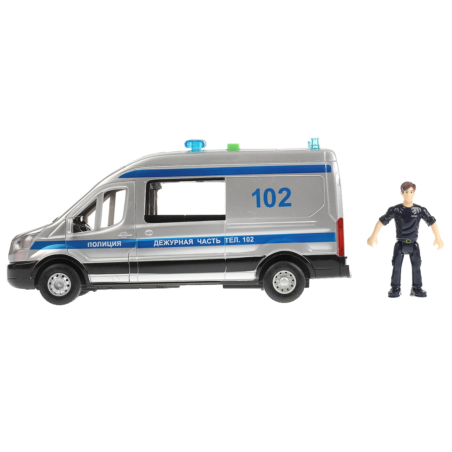 Модель Полиция Ford Transit 22,5 см свет-звук двери открываются серебристая пластиковая  
