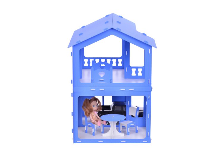 Дом для кукол Алиса, бело-синий, с мебелью  