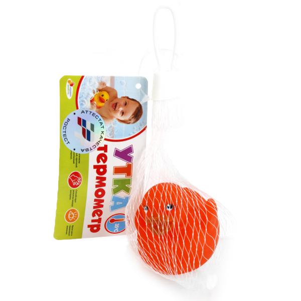 Игрушка для купания - Термо уточка, оранжевая в сетке  