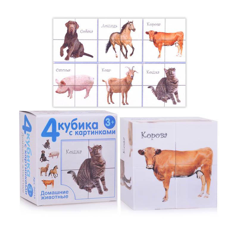 Кубики с картинками Домашние животные, без обклейки, 4 шт  