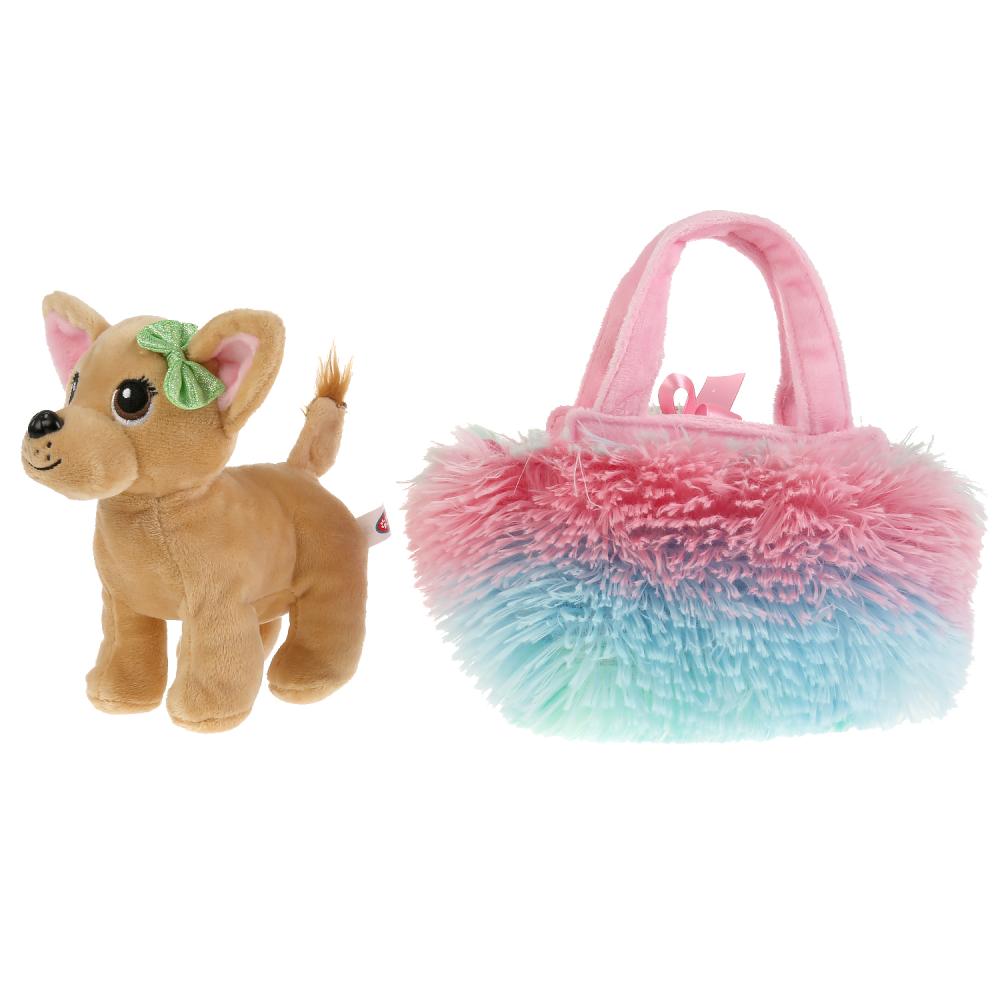 Мягкая игрушка Чихуахуа в меховой радужной сумочке 15 см  