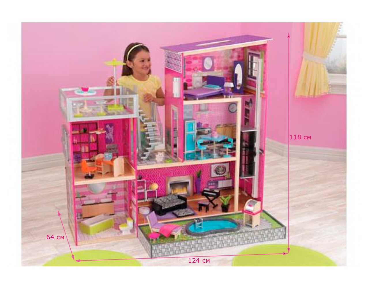 Дом мечты Барби - Глянец, с мебелью 35 предметов и бассейном  