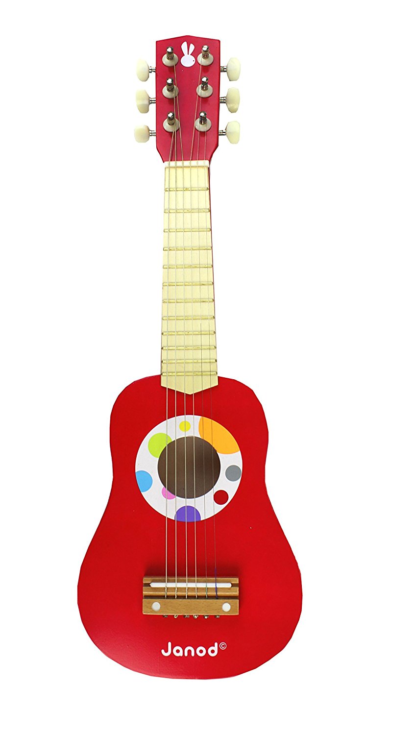 Набор красных музыкальных инструментов - гитара, бубен, губная гармошка, дудочка, трещотка  
