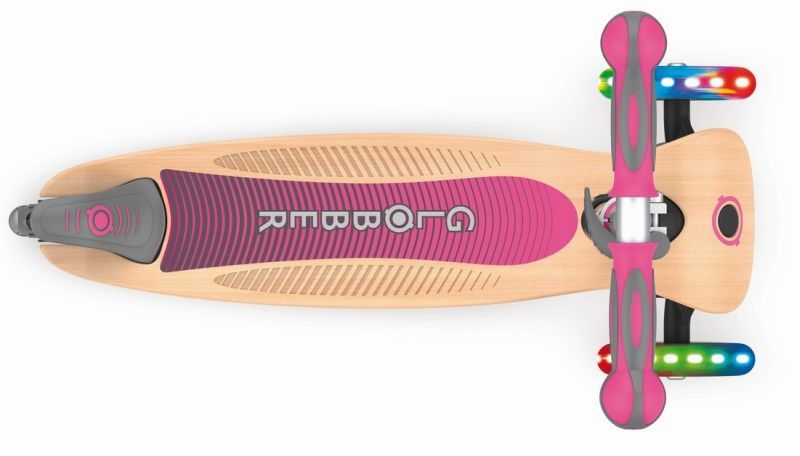 Трехколесный самокат Globber Primo Foldable Wood Lights, цвет розовый, колеса светящиеся  