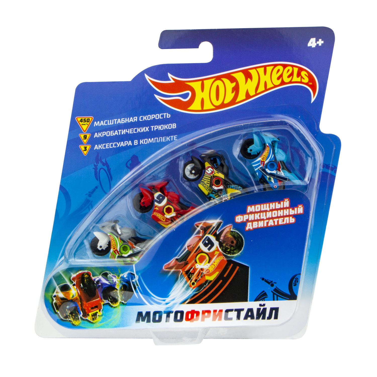 Игровой набор Hot Wheels – Мотофристайл: 4 инерционных мотобайка, трамплин, 3 аксессуара для трюков  