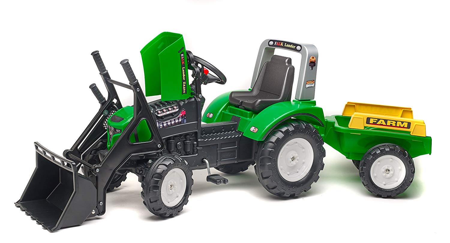 Трактор-экскаватор педальный с прицепом зеленый 195 см.  