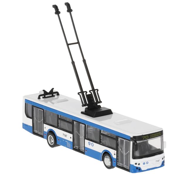 Модель Городской троллейбус 18 см двери открываются бело-синий металлическая инерционная  
