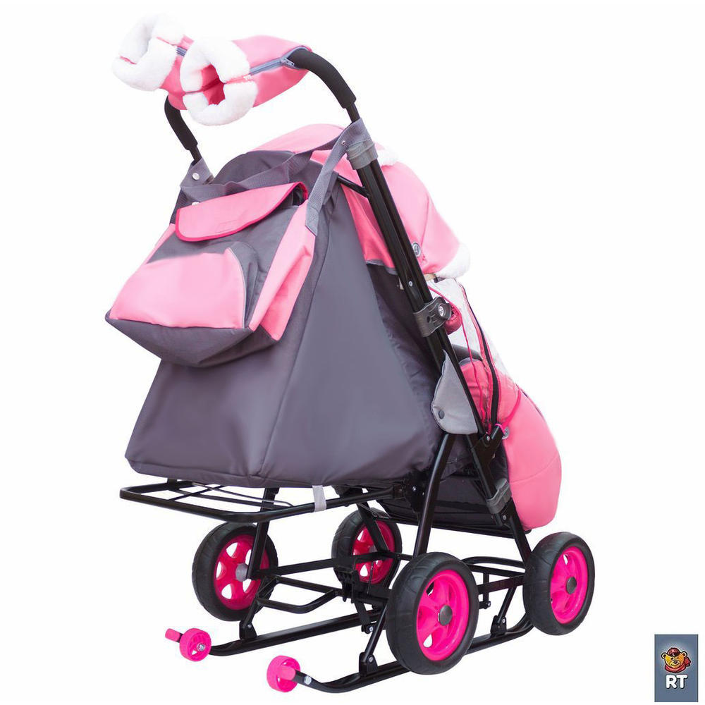 Санки-коляска Snow Galaxy - City-1 - Мишка со звездой, цвет розовый на больших колесах Ева, сумка, варежки  