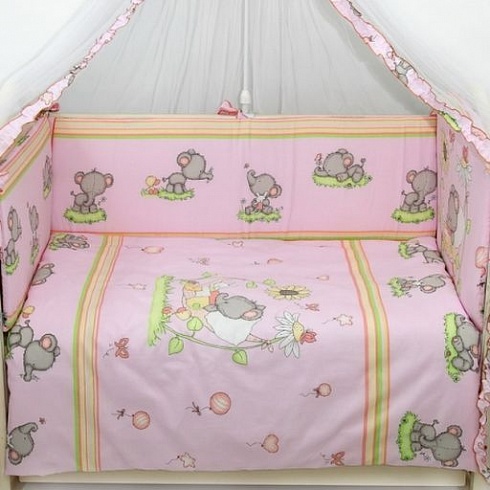 Бампер в кроватку – Слоники, розовый  