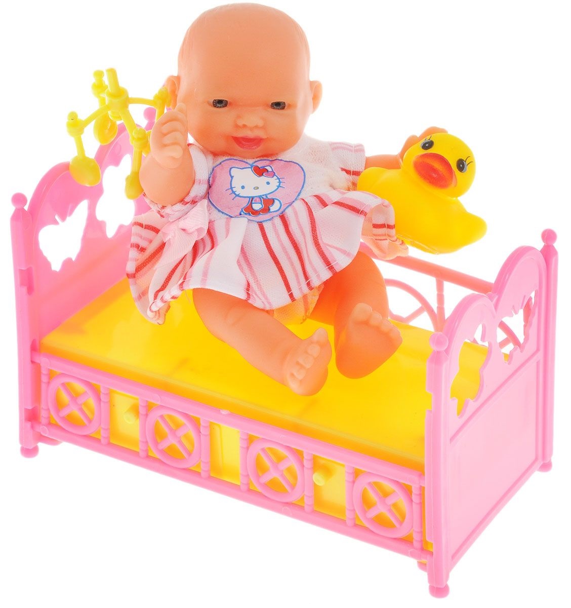 Пупс в кроватке с аксессуарами Hello Kitty, 10 см, бело-желтая одежда  